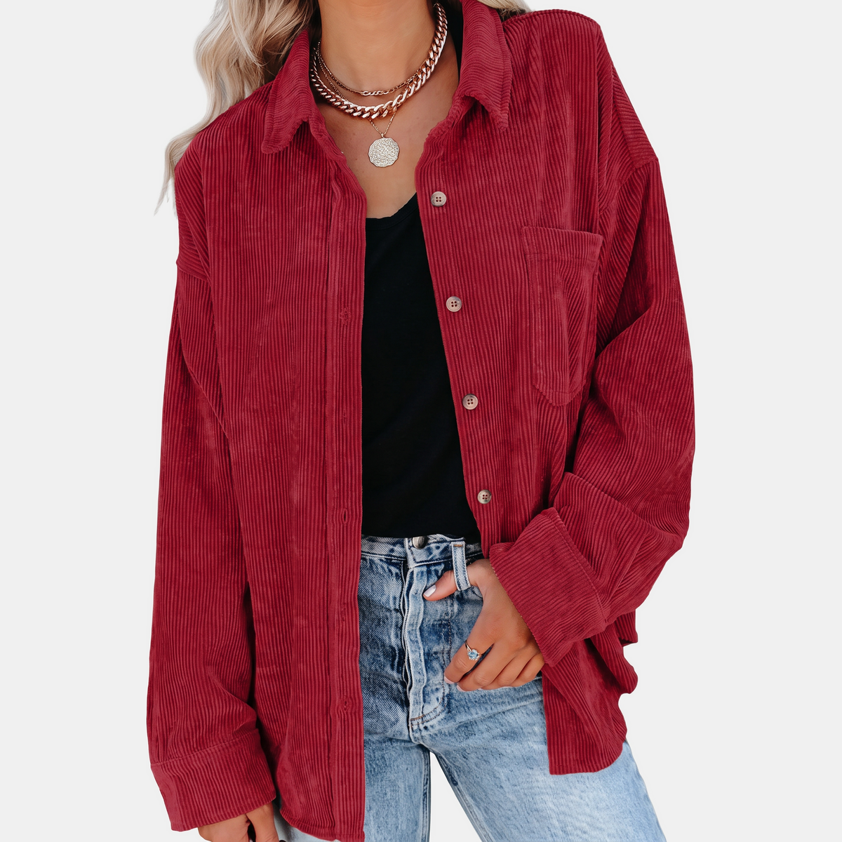 Women's Button Front Corduroy Oversized Long Sleeve Shacket