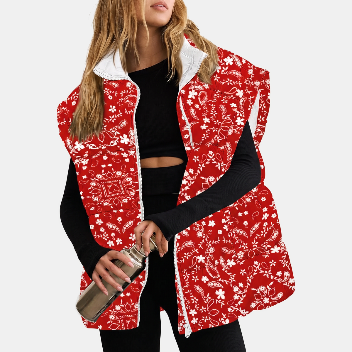 Women's Floral Print Puffer Vest Sleeveless Zip Up