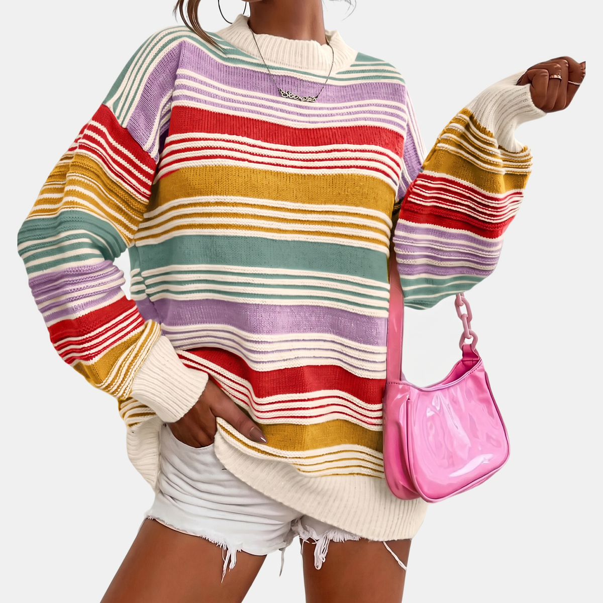 Women's Oversized Balloon Sleeve Striped Knit Sweater