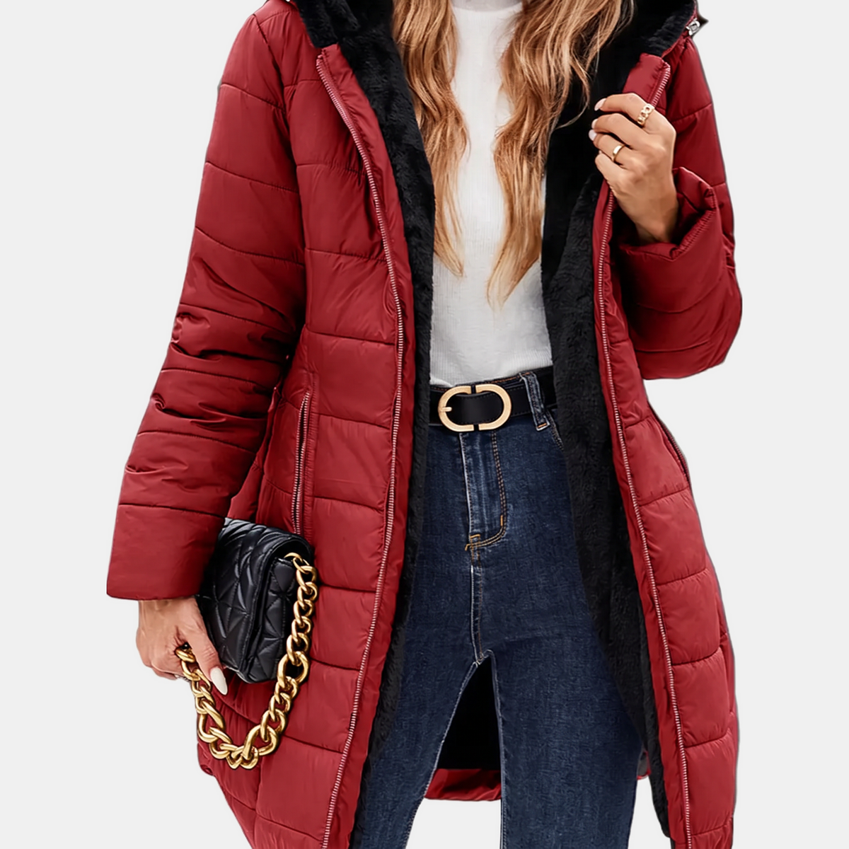 Women's Quilted Puffer Coat Fleece Lined Hooded Midi Jacket