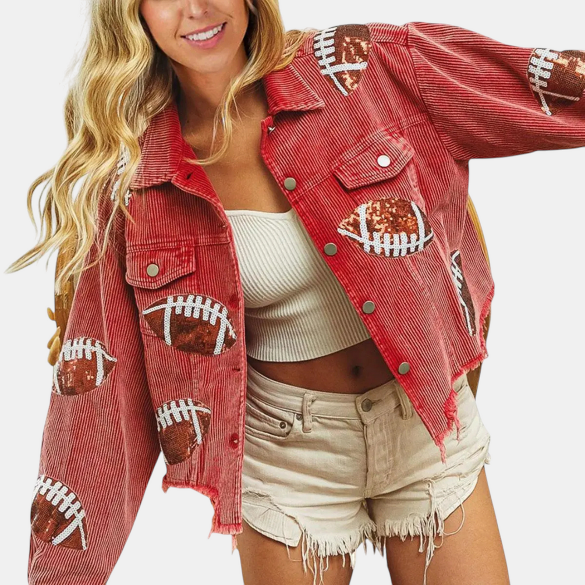 Women's Sequin Embroidered Cropped Corduroy Varsity Jacket