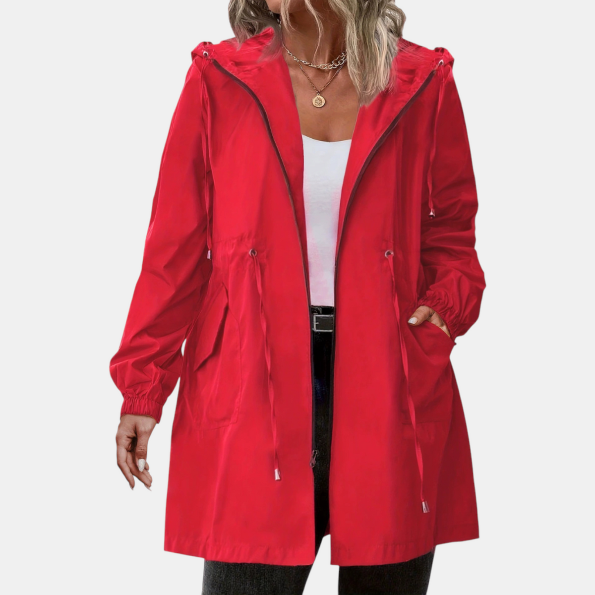 Women's Windbreaker Drawstring Waist Hooded Longline Jacket