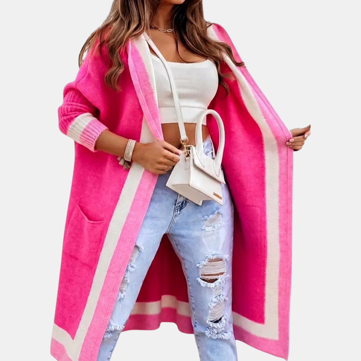 Women's Colour Block Open Front Maxi Cardigan Sweater