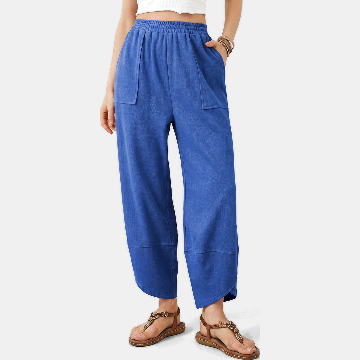 Women's Wide Leg Ribbed Knit Cropped Pants with Patch Pockets