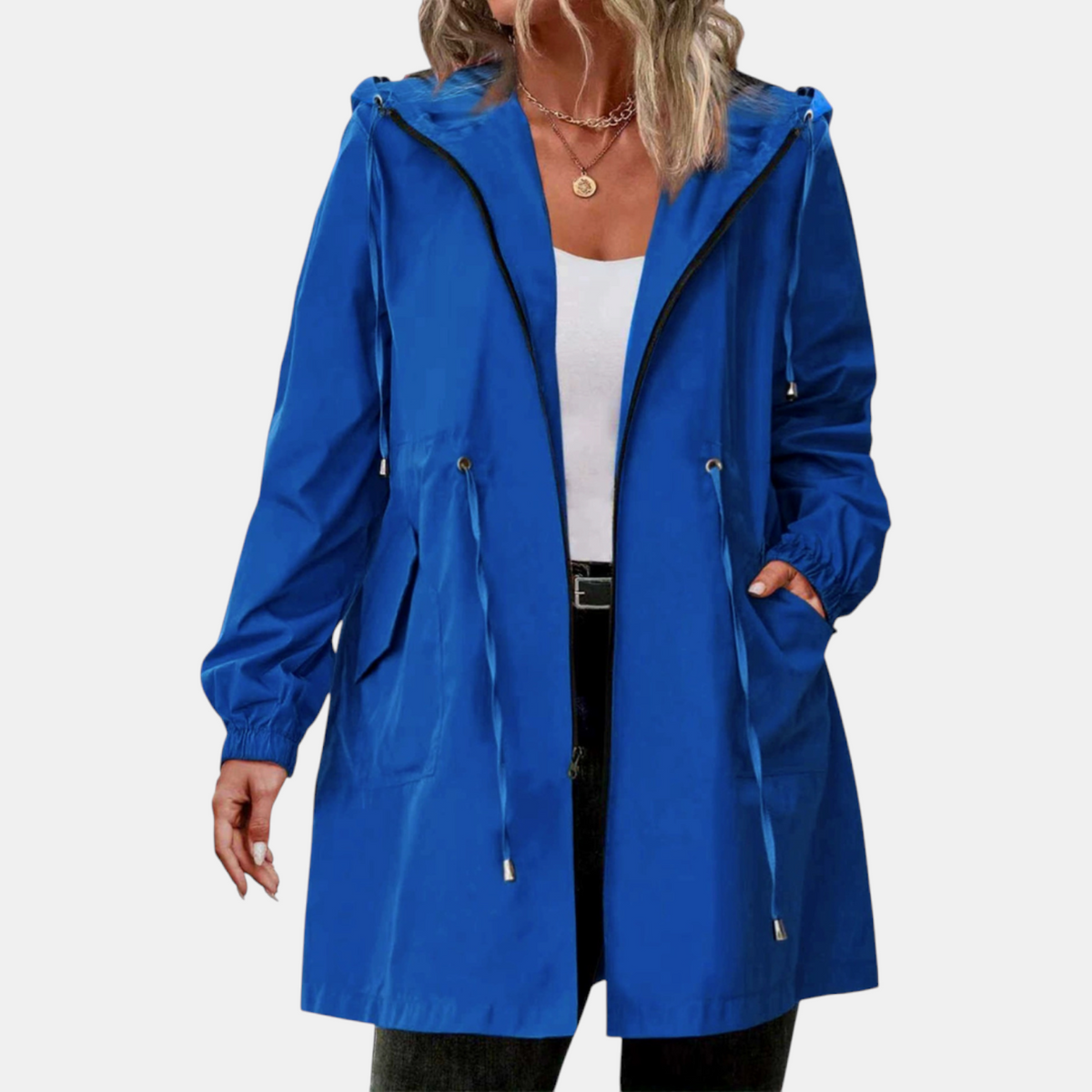 Women's Windbreaker Drawstring Waist Hooded Longline Jacket