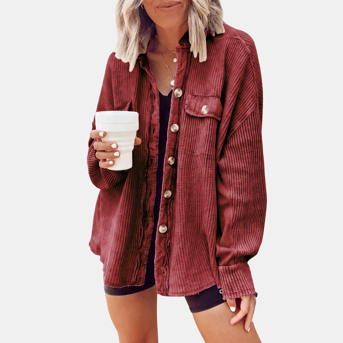 Women's Waffle Knit Raw Hem Button Front Oversized Shacket