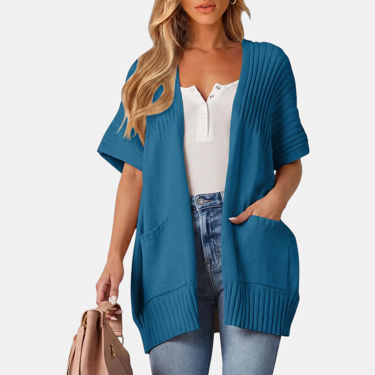 Women's Short Sleeve Cardigan Chunky Knit Open Front Sweater