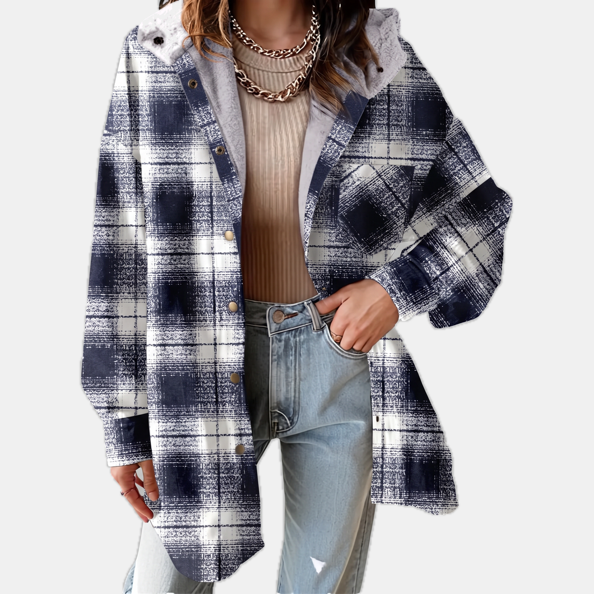 Women's Flannel Hooded Plaid Shacket Fleece Lined Coat