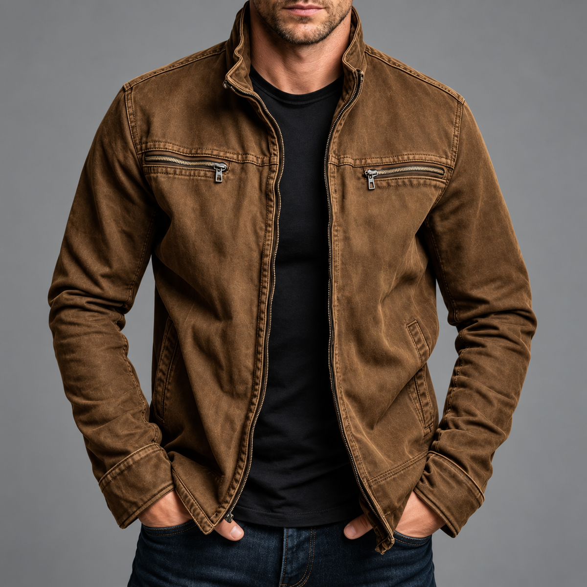 Eugene Vintage-Washed Cotton Zip Jacket in Brown