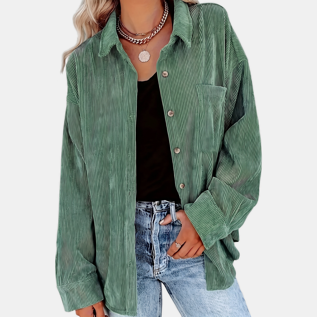 Women's Button Front Corduroy Oversized Long Sleeve Shacket