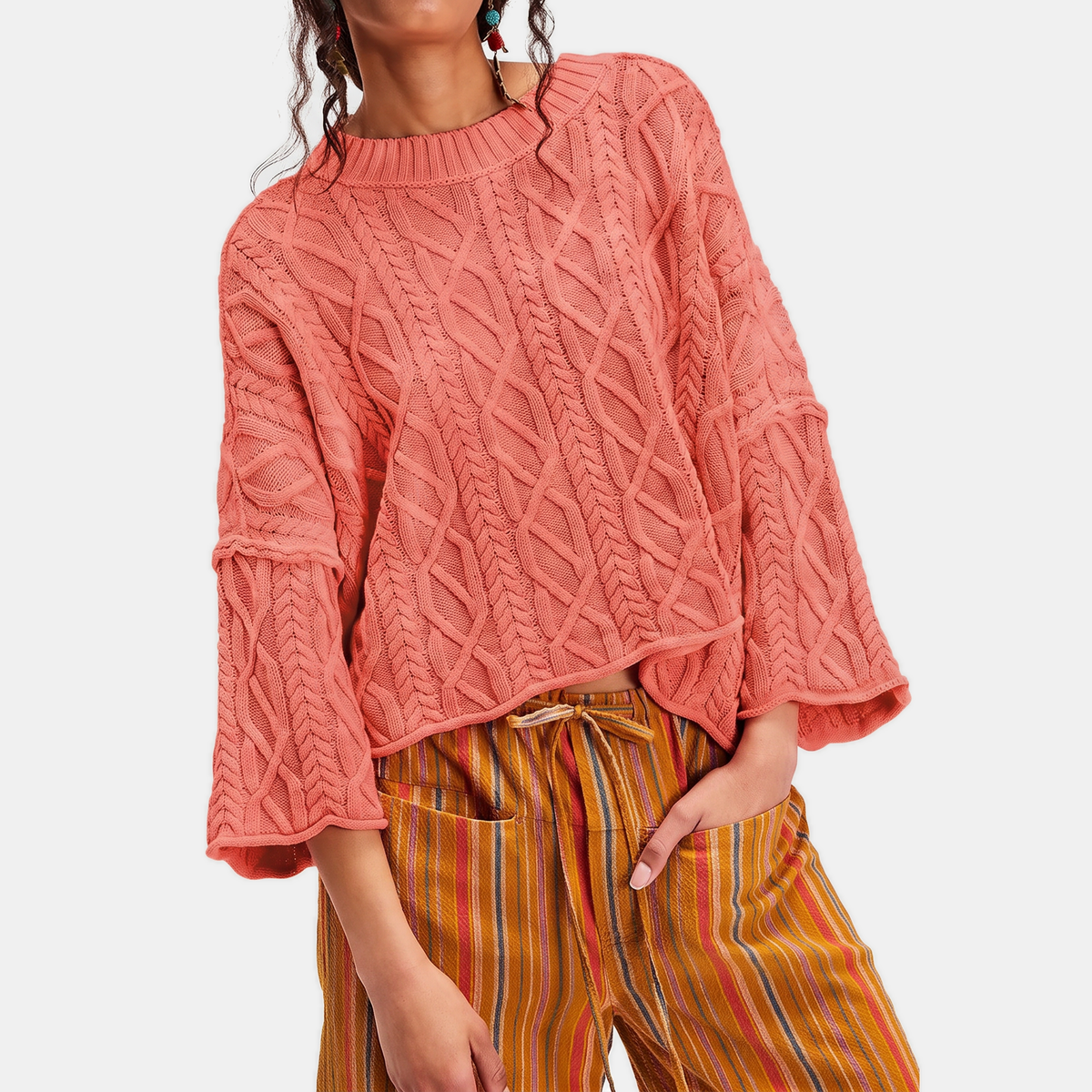 Women's Cable Knit Cropped Sweater Bell Flounce Cuff