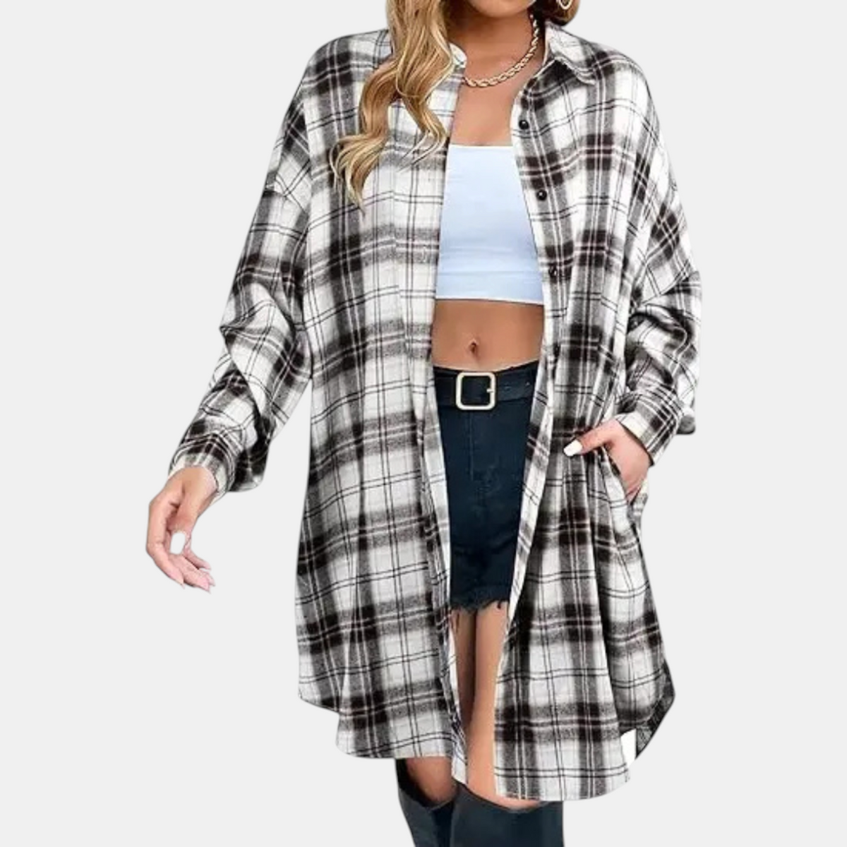 Women's Flannel Plaid Button Front Oversized Midi Shirt