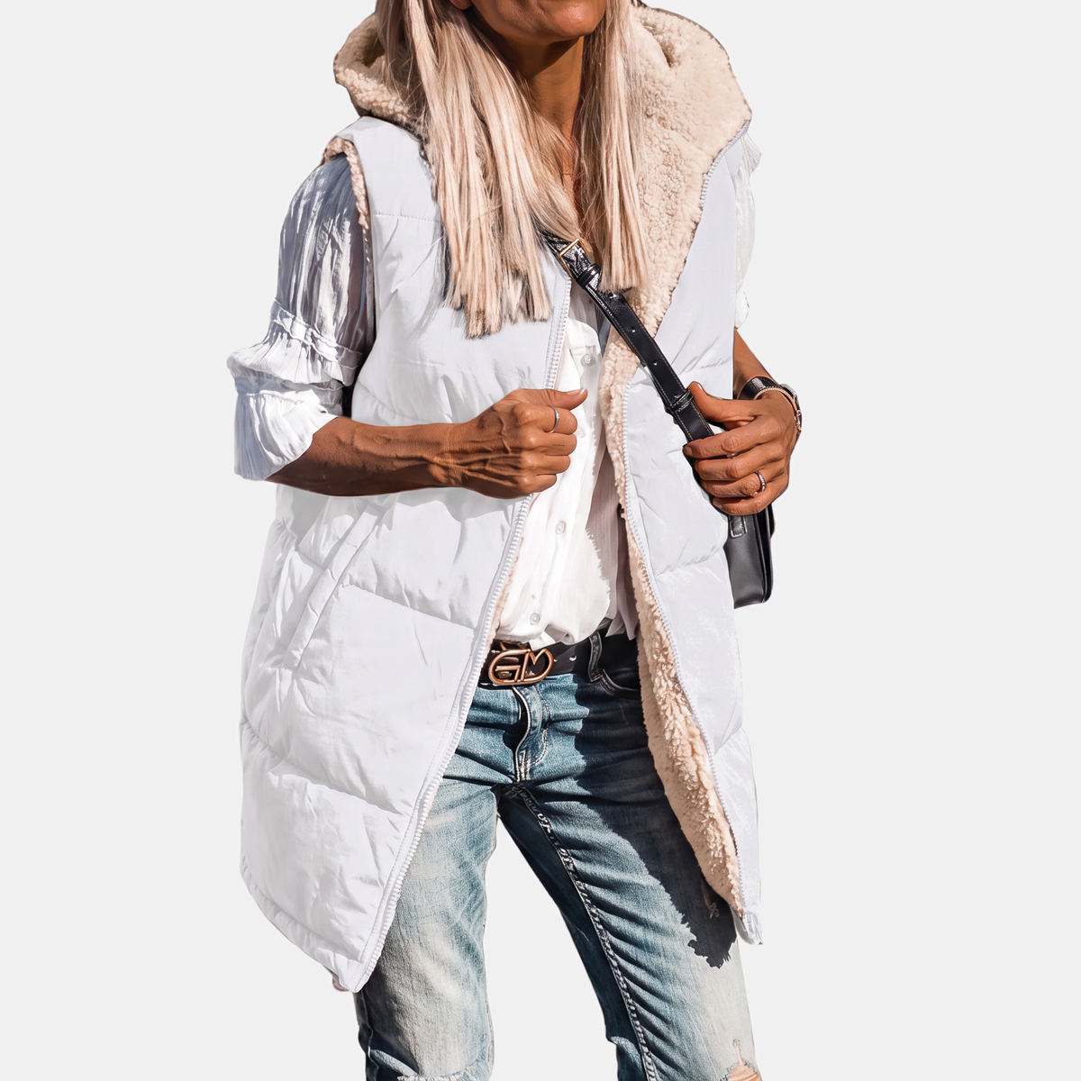 Women's Reversible Puffer Vest Sherpa Lined Hooded Sleeveless Coat