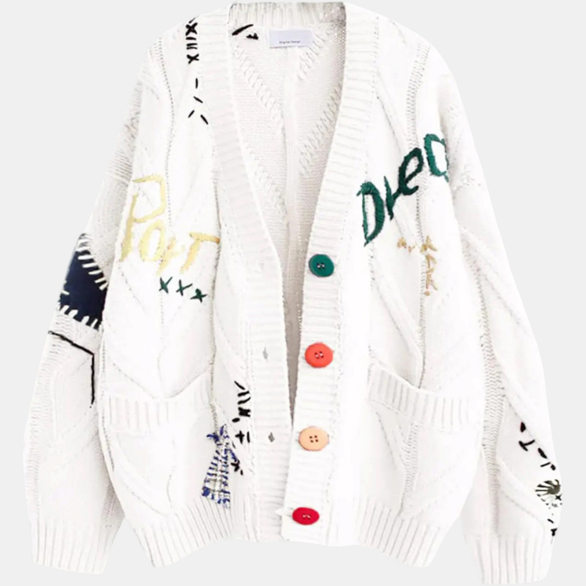 Women's Embroidered Cable Knit Cardigan Sweater with Button Front