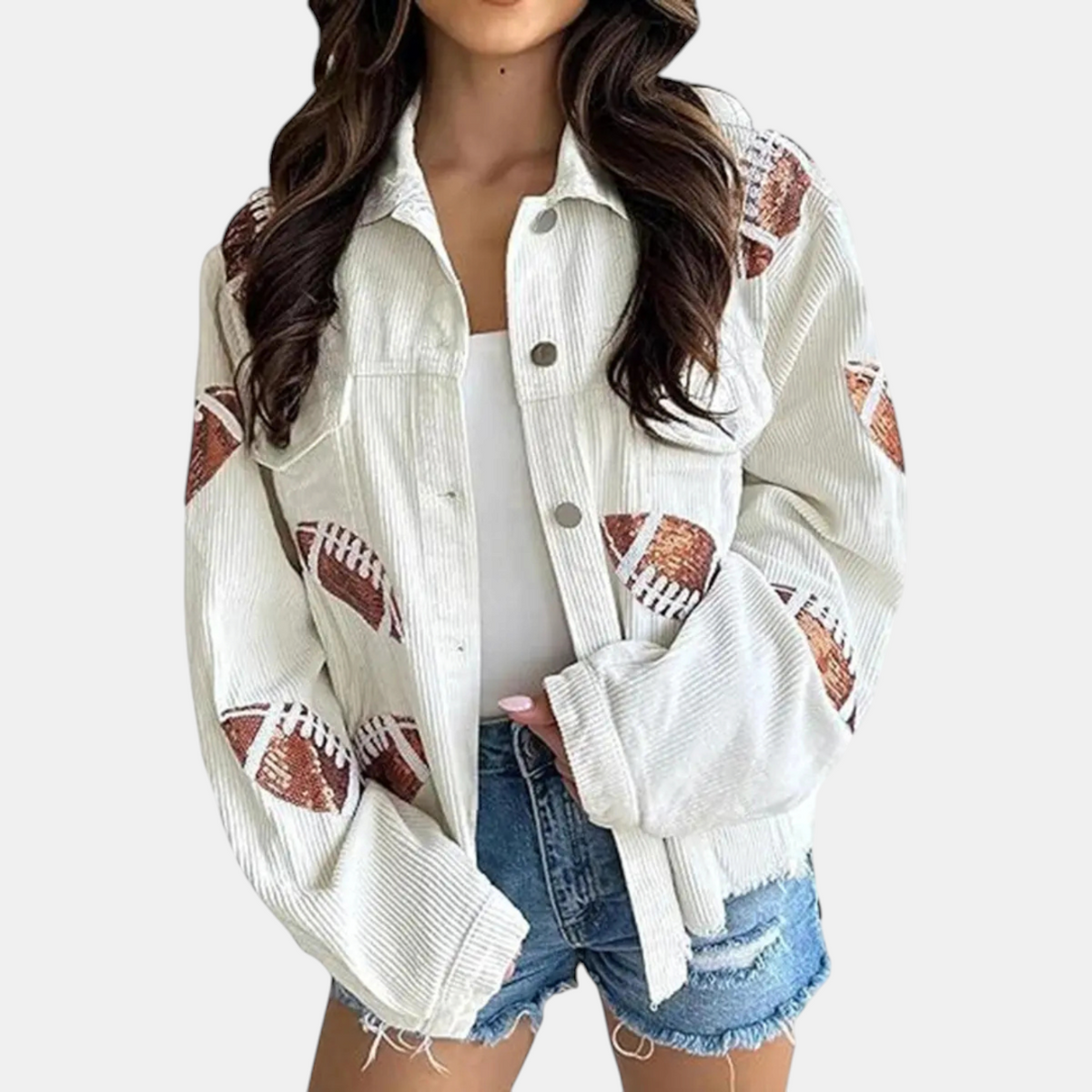 Women's Sequin Embroidered Cropped Corduroy Varsity Jacket