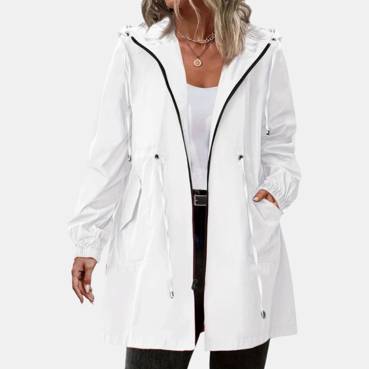 Women's Windbreaker Drawstring Waist Hooded Longline Jacket