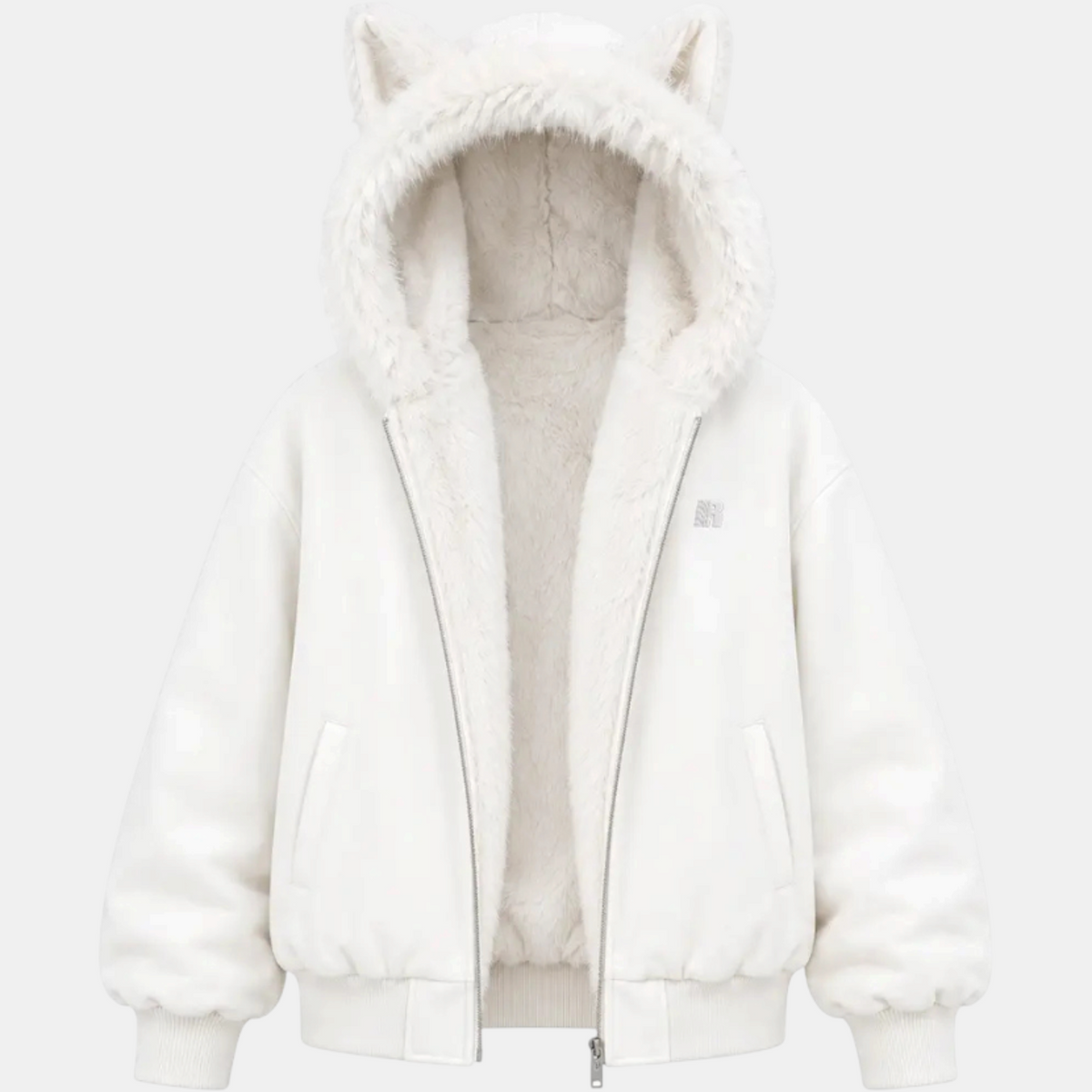Women's Faux Fur Lined Bomber Jacket with Cat Ear Hood