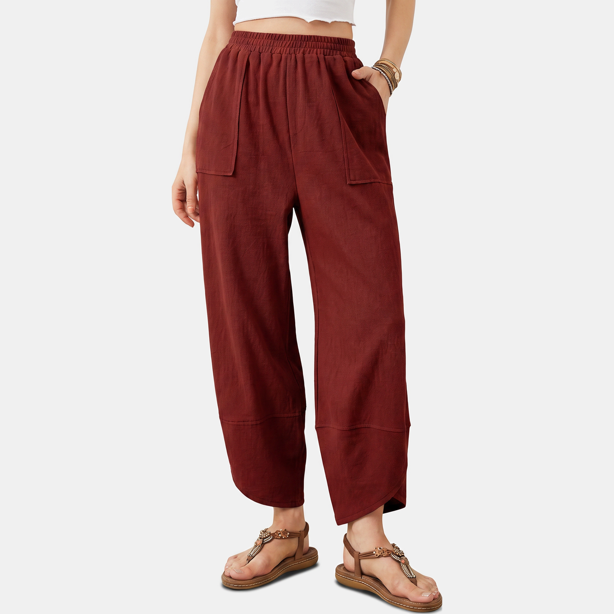 Women's Wide Leg Ribbed Knit Cropped Pants with Patch Pockets