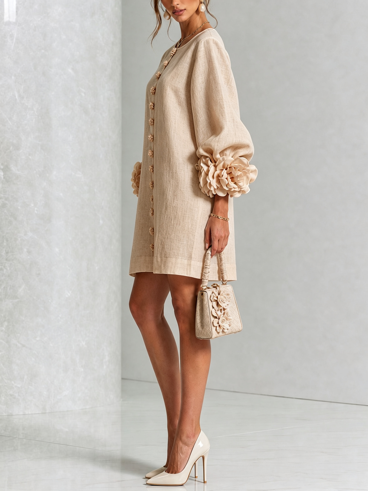 Maureen Floral Button-Down Mini Dress in Beige