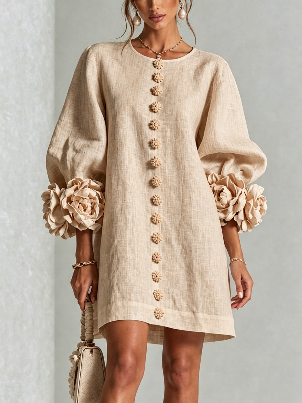 Aurora Floral-Cuff Button Mini Dress - Beige