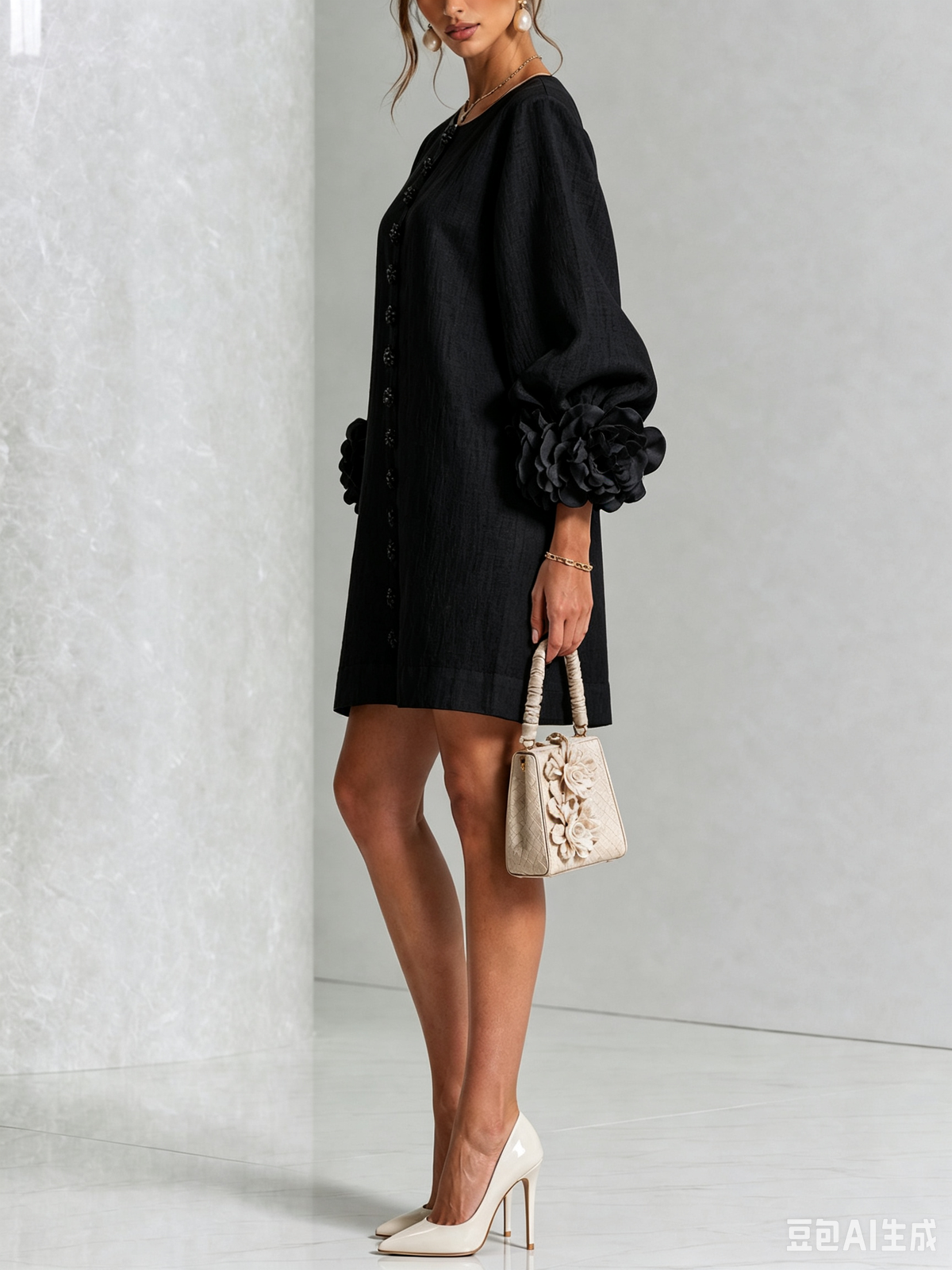 Maureen Floral Button-Down Mini Dress in Black