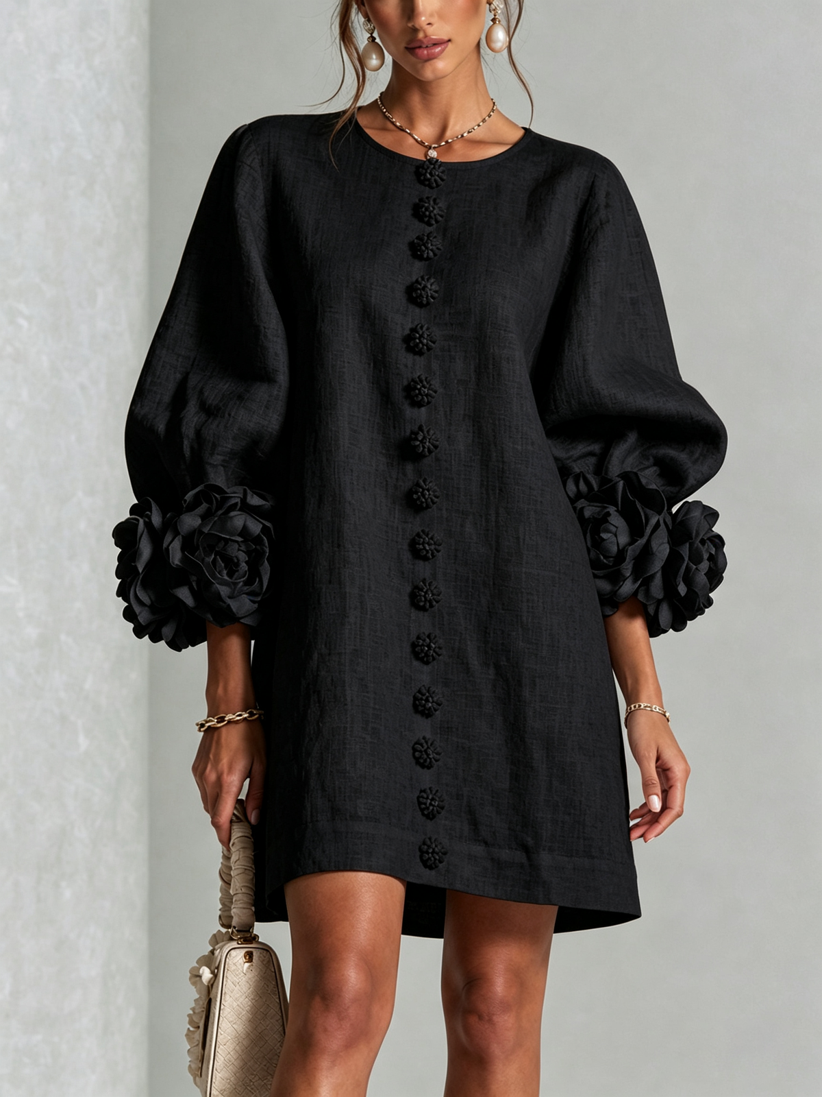 Aurora Floral-Cuff Button Mini Dress - Black