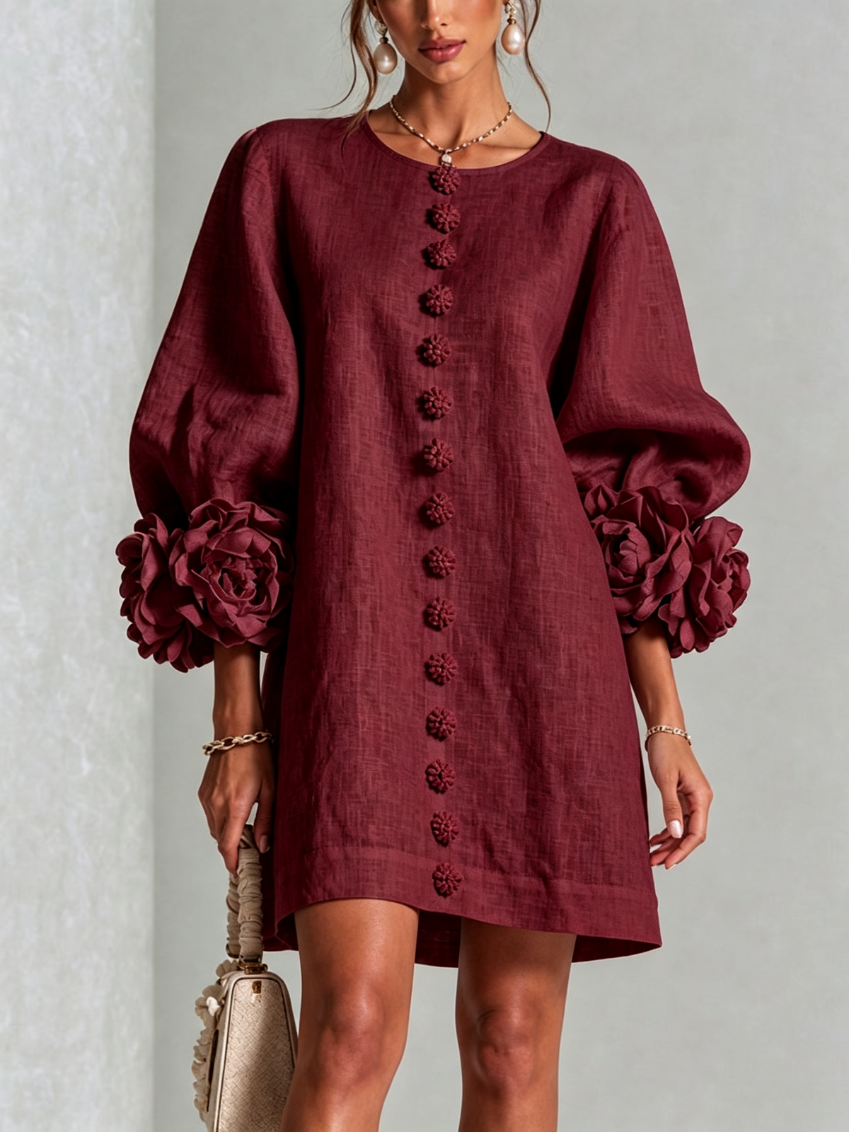 Aurora Floral-Cuff Button Mini Dress - Burgundy