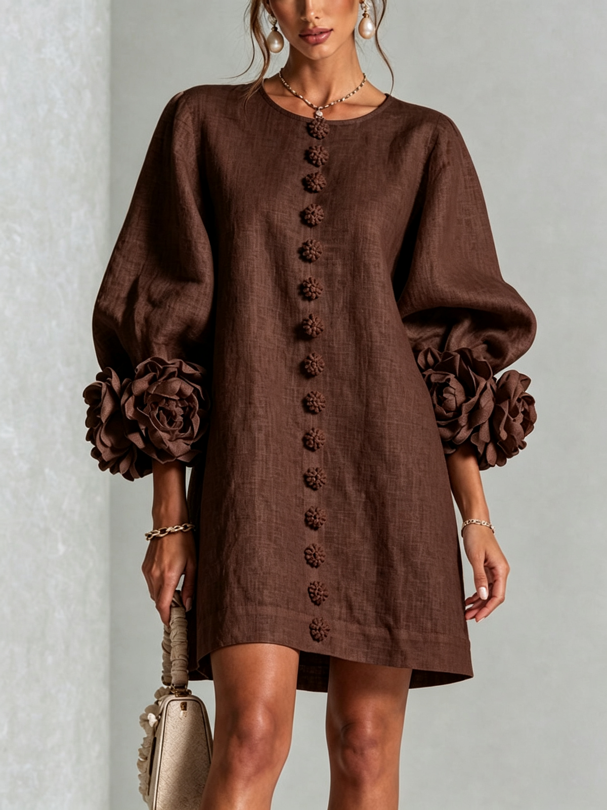 Aurora Floral-Cuff Button Mini Dress - Brown