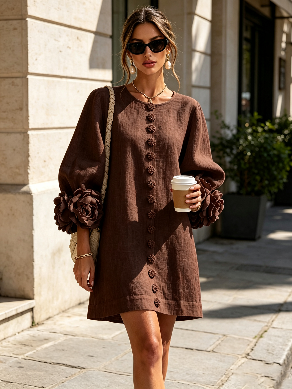Maureen Floral Button-Down Mini Dress in Brown