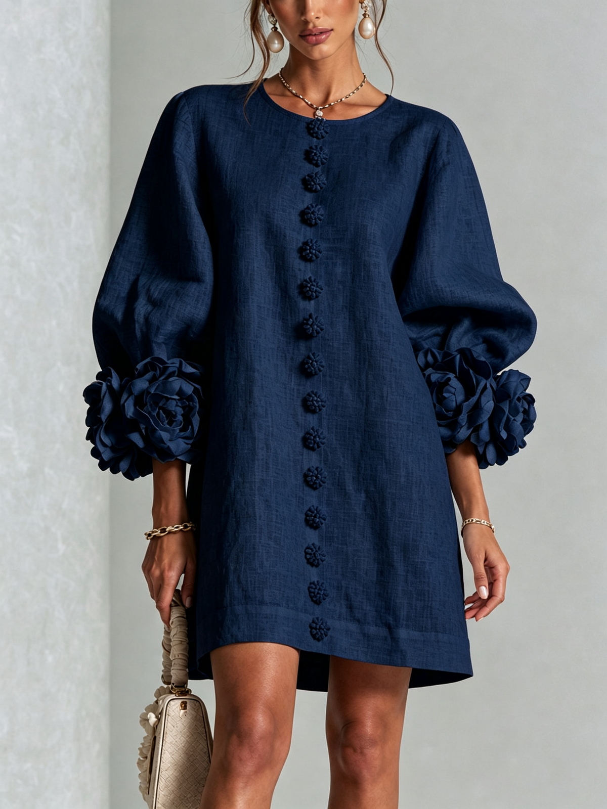 Aurora Floral-Cuff Button Mini Dress - Navy