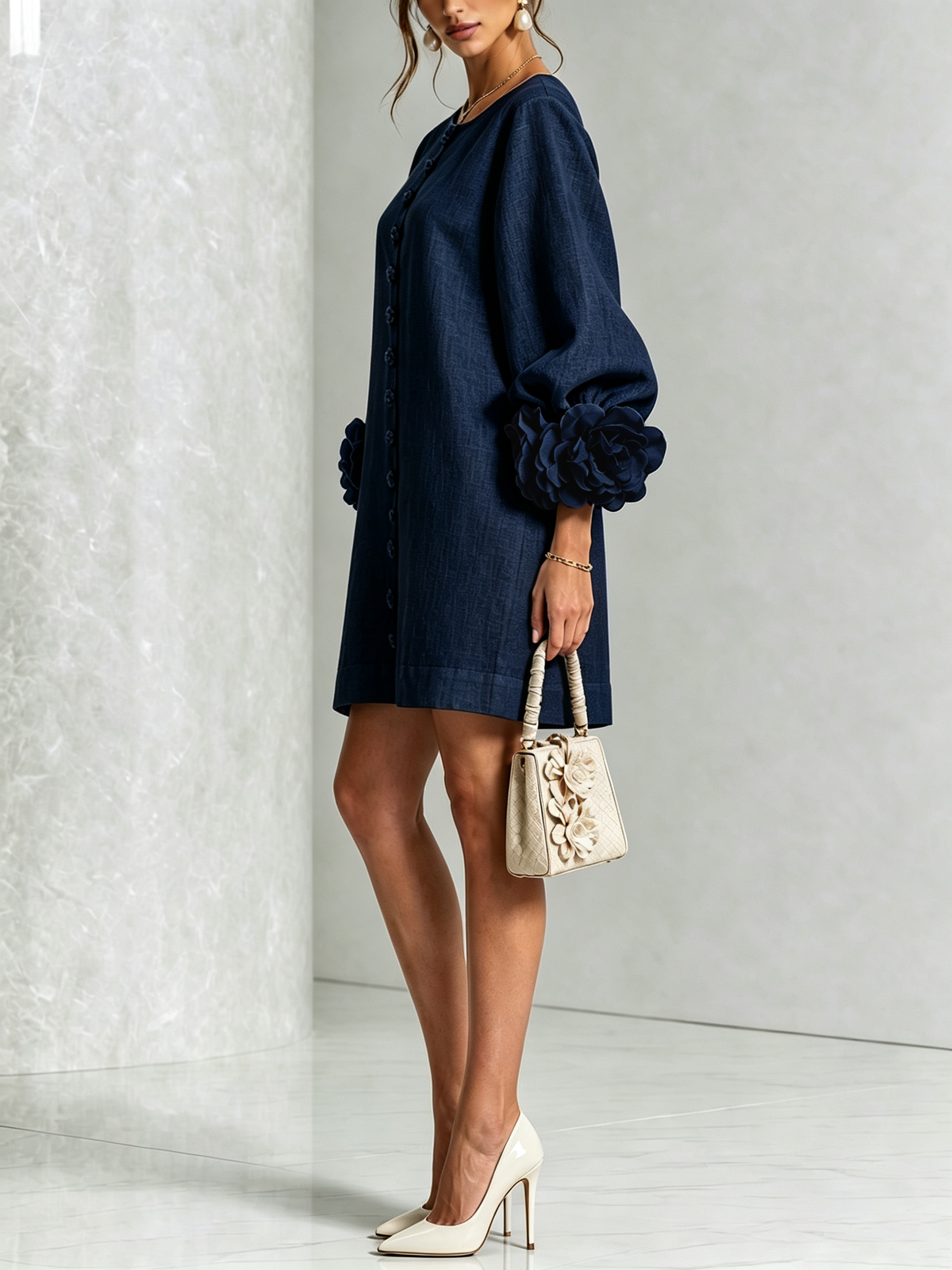 Maureen Floral Button-Down Mini Dress in Navy