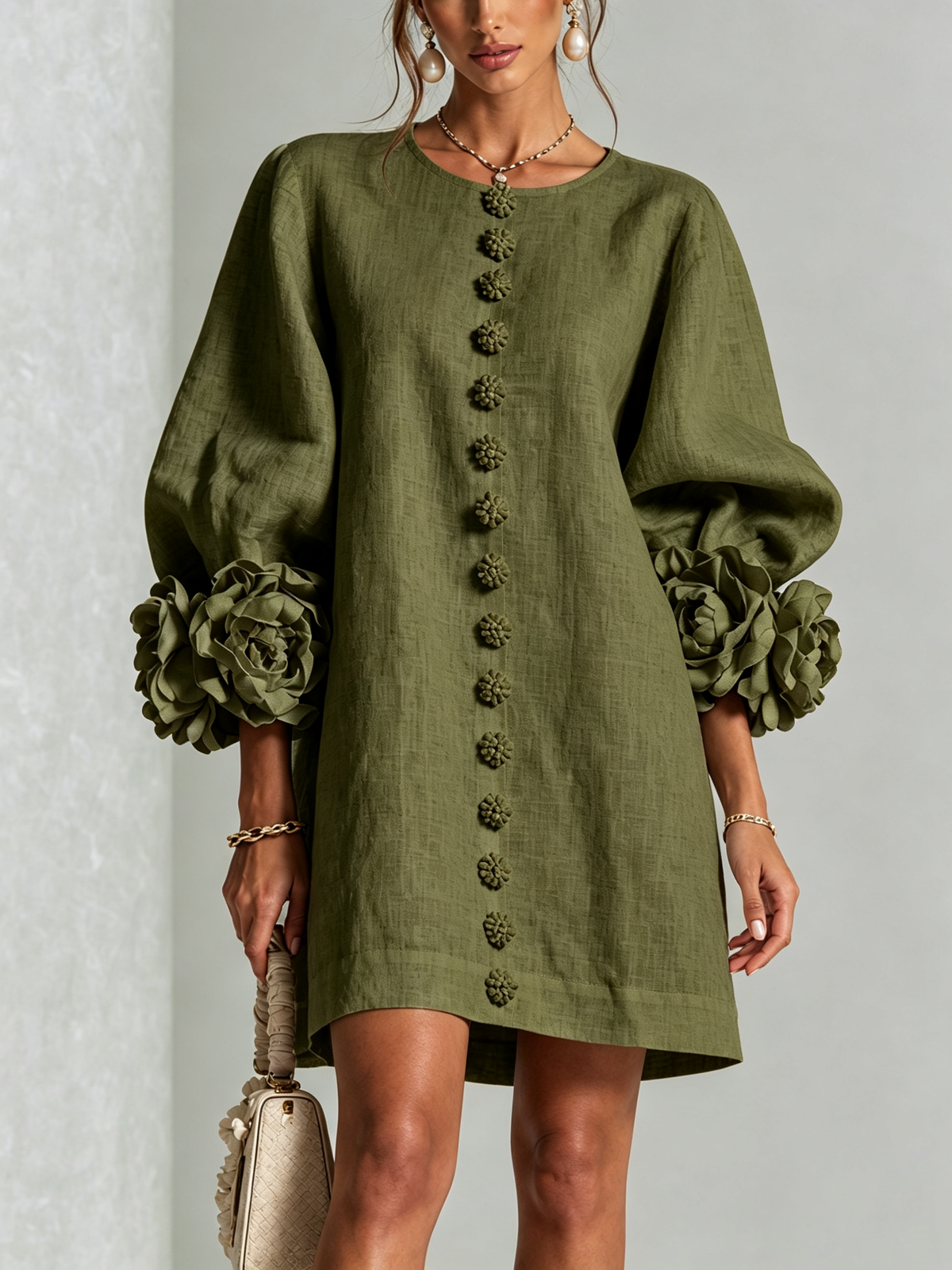 Aurora Floral-Cuff Button Mini Dress - Olive