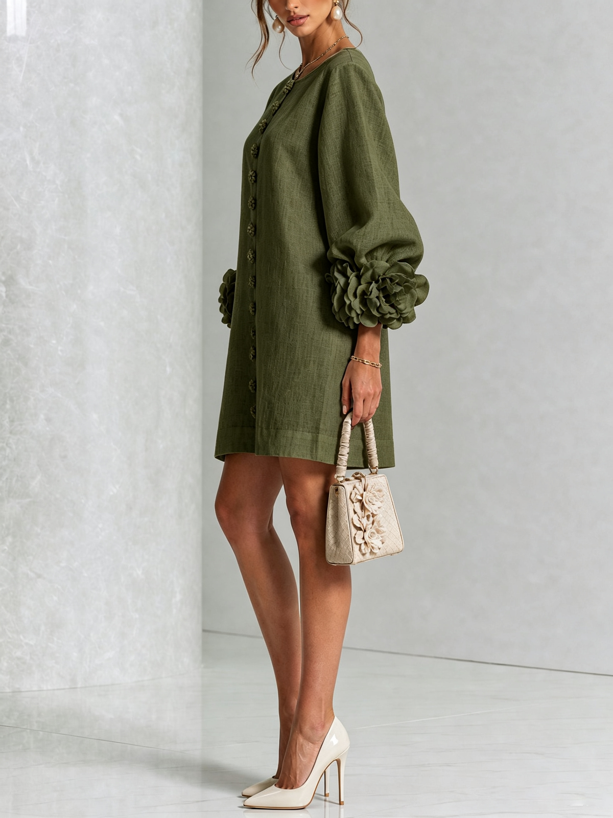Maureen Floral Button-Down Mini Dress in Olive