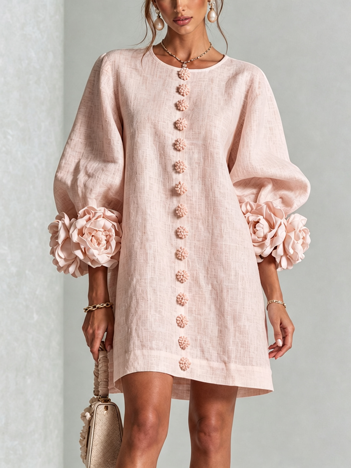 Aurora Floral-Cuff Button Mini Dress - Pink