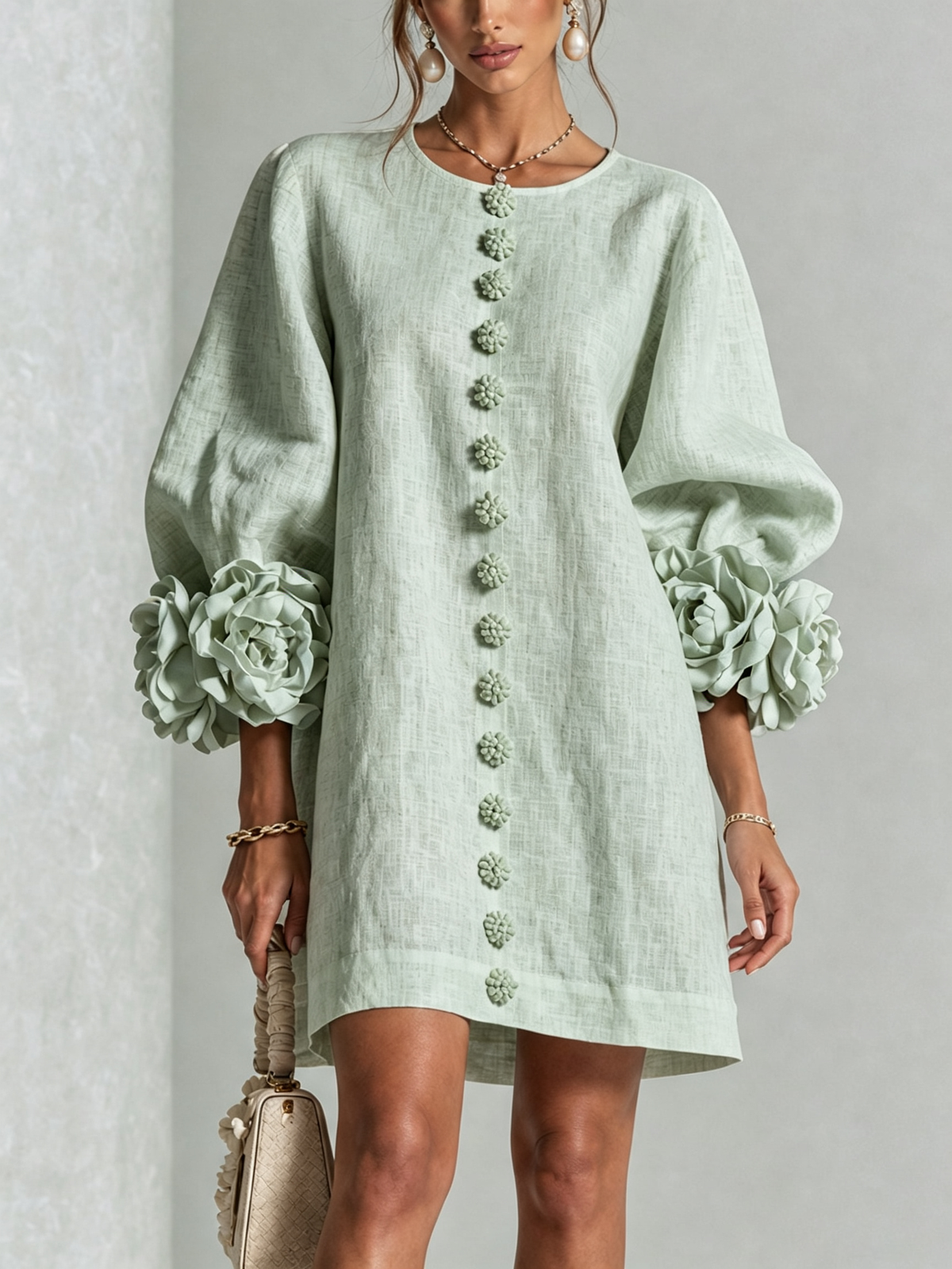 Aurora Floral-Cuff Button Mini Dress - Sage Mist