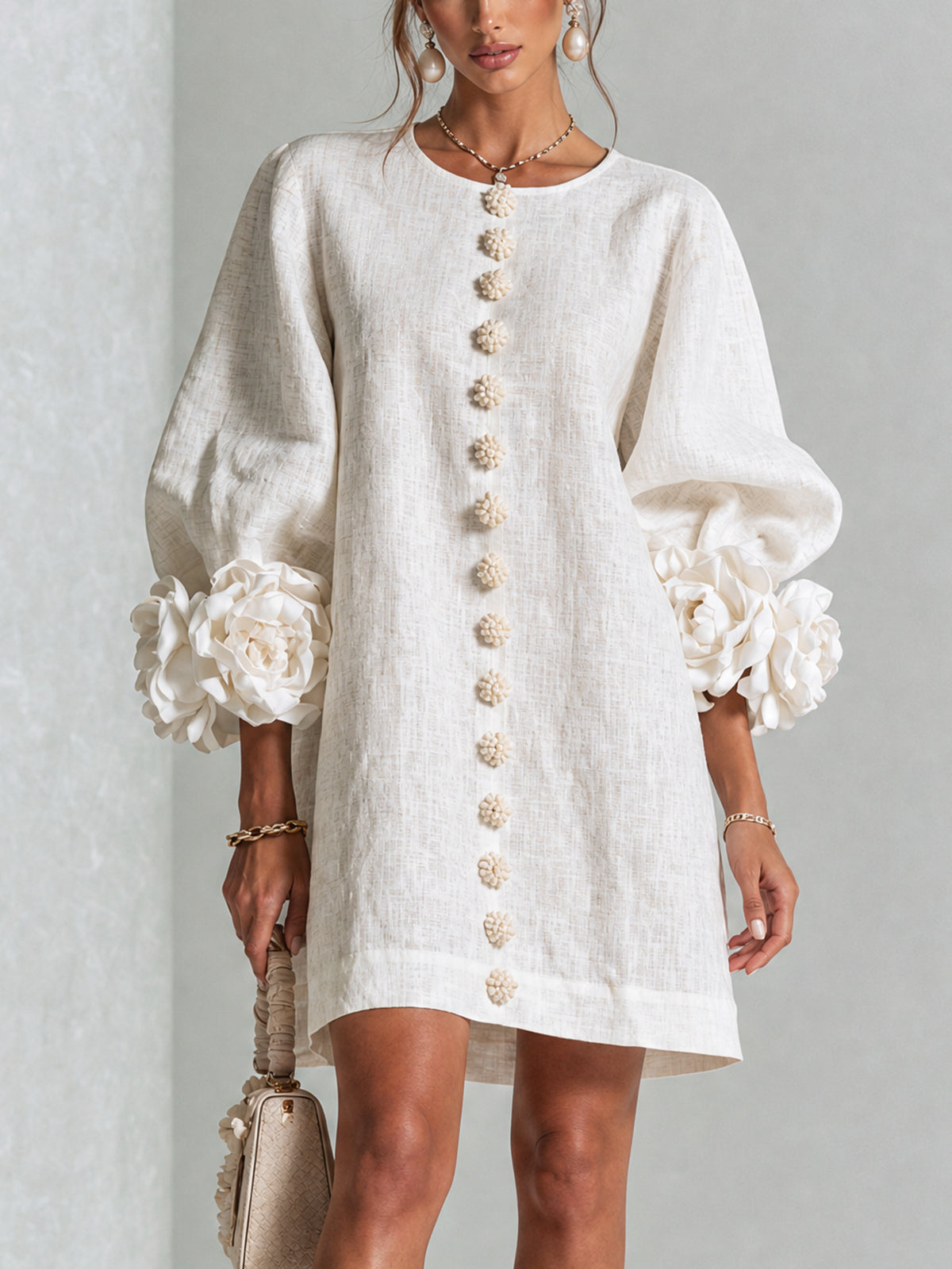 Aurora Floral-Cuff Button Mini Dress - White