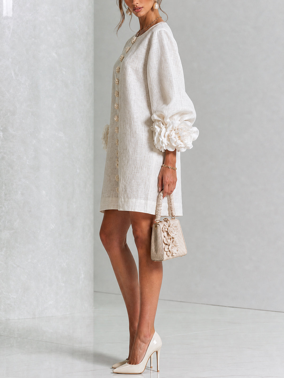 Maureen Floral Button-Down Mini Dress in White
