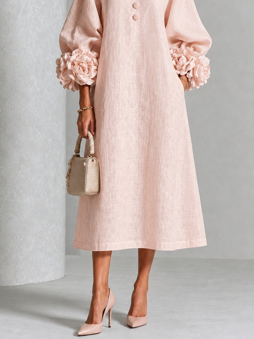 Rosemary Rosette-Cuff Button Midi Dress in Pink