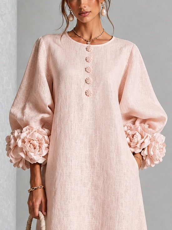 Rosemary Rosette-Cuff Button Midi Dress in Pink