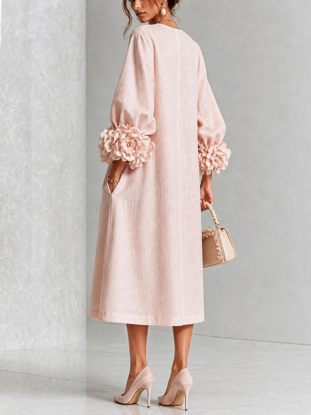Rosemary Rosette-Cuff Button Midi Dress in Pink