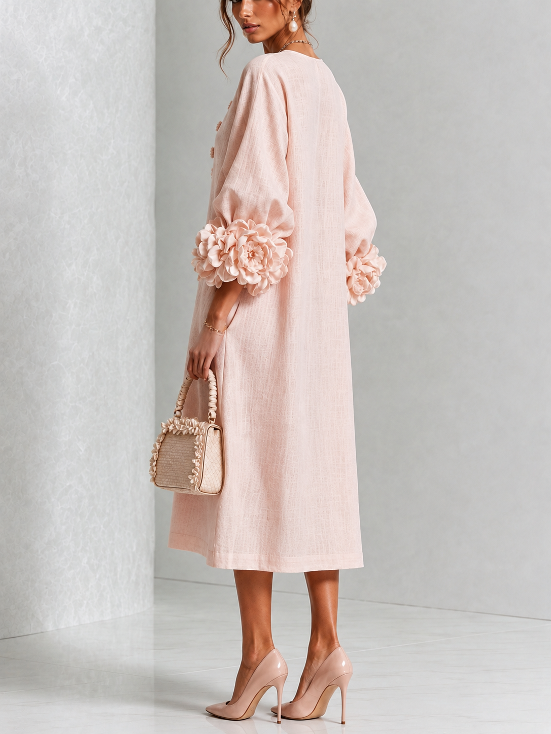 Rosemary Rosette-Cuff Button Midi Dress in Pink
