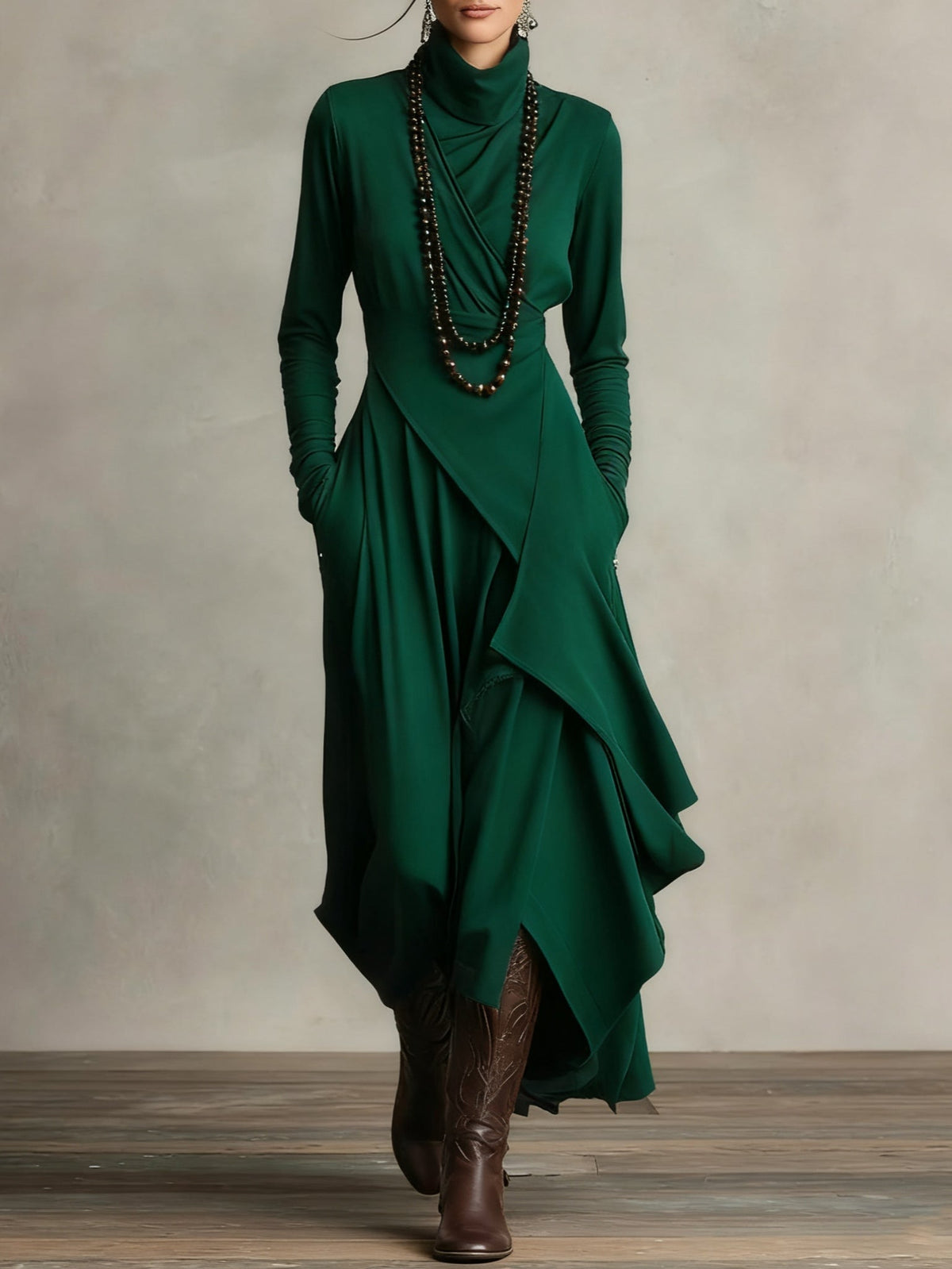 Deborah Vintage Asymmetrical Turtleneck Dress - Green