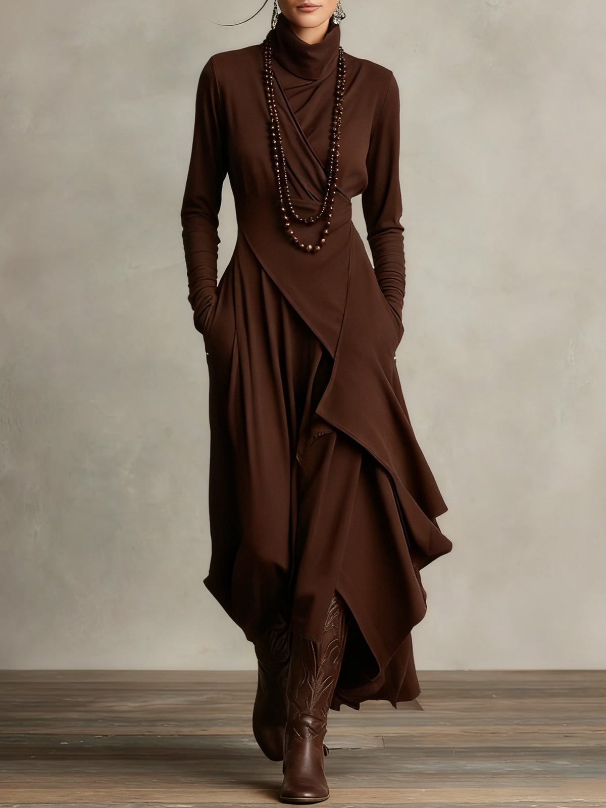 Deborah Vintage Asymmetrical Turtleneck Dress - Brown