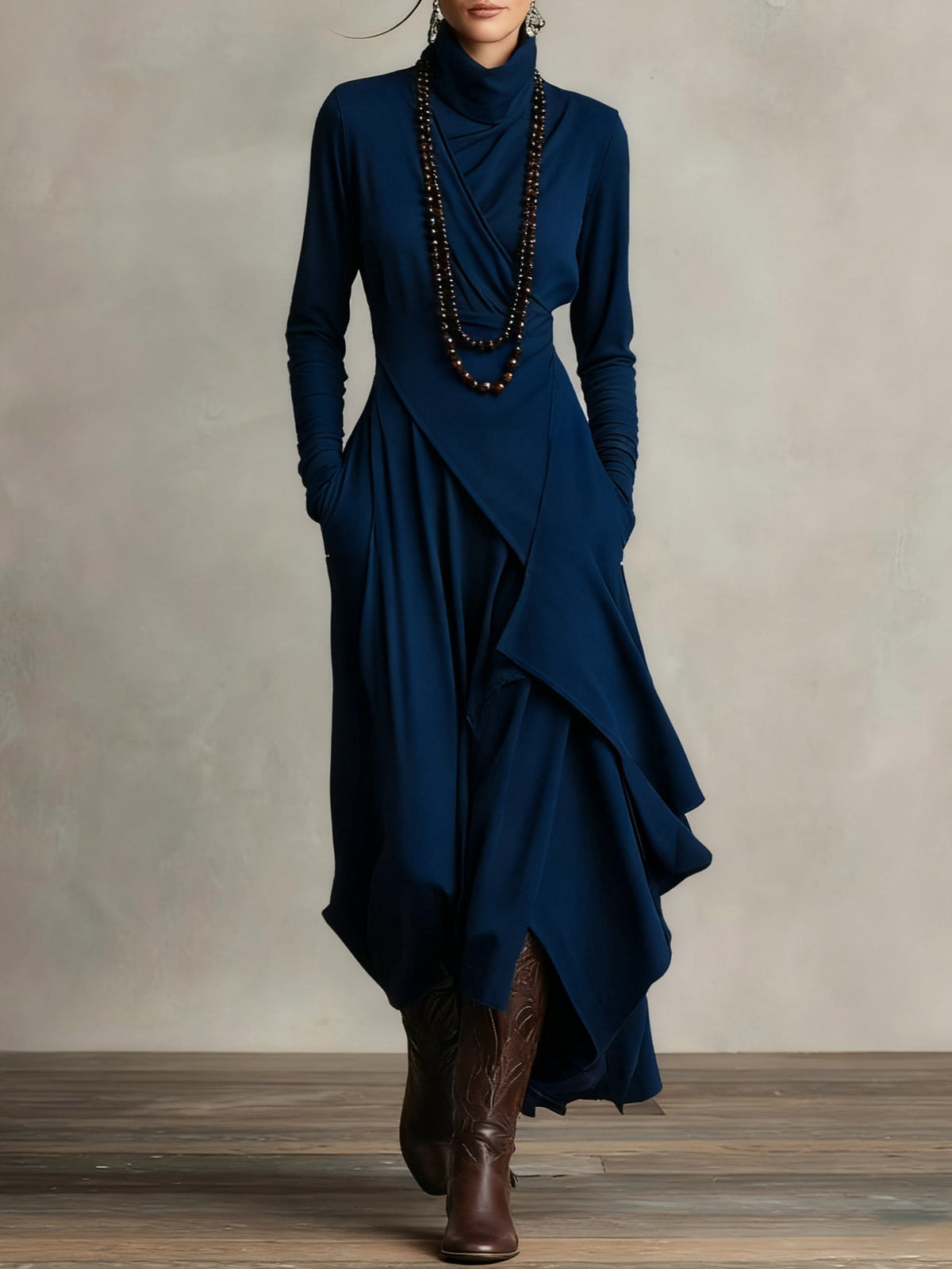 Deborah Vintage Asymmetrical Turtleneck Dress - Navy Blue