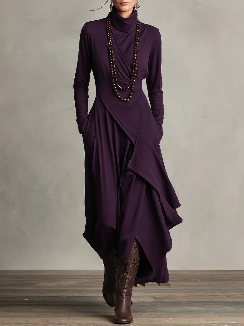 Deborah Vintage Asymmetrical Turtleneck Dress - Purple