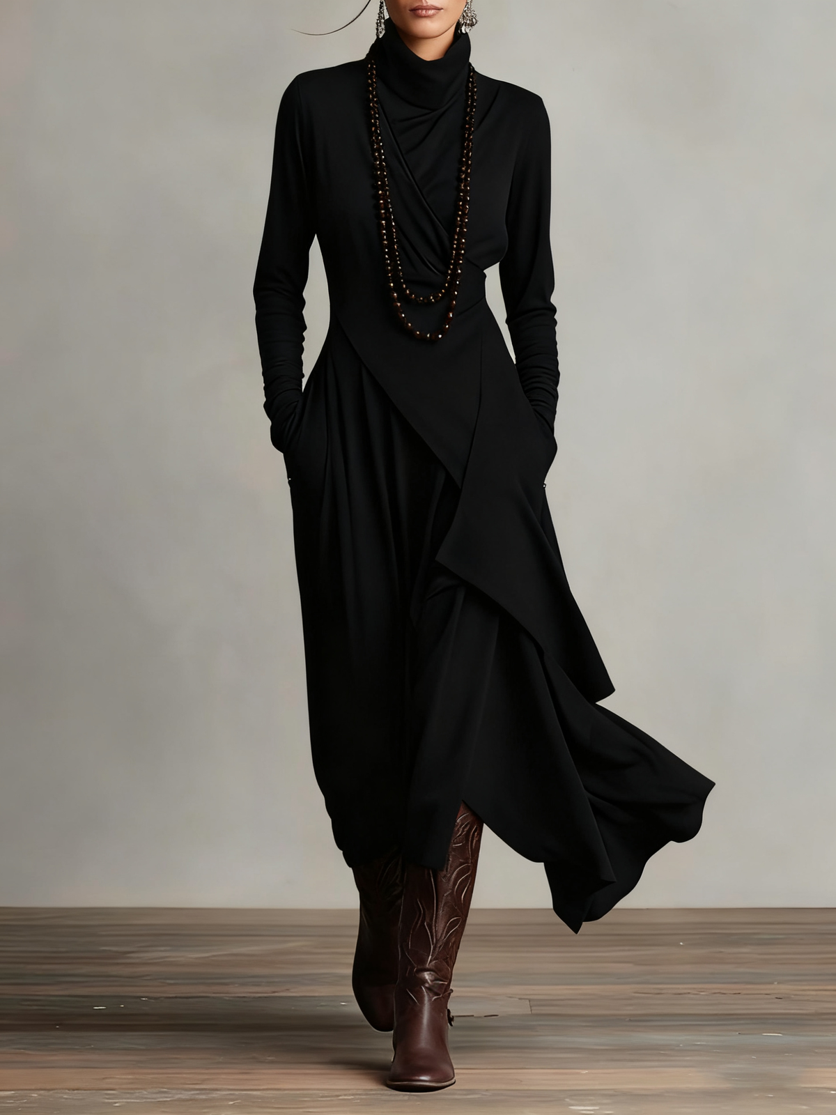 Deborah Vintage Asymmetrical Turtleneck Dress - Black