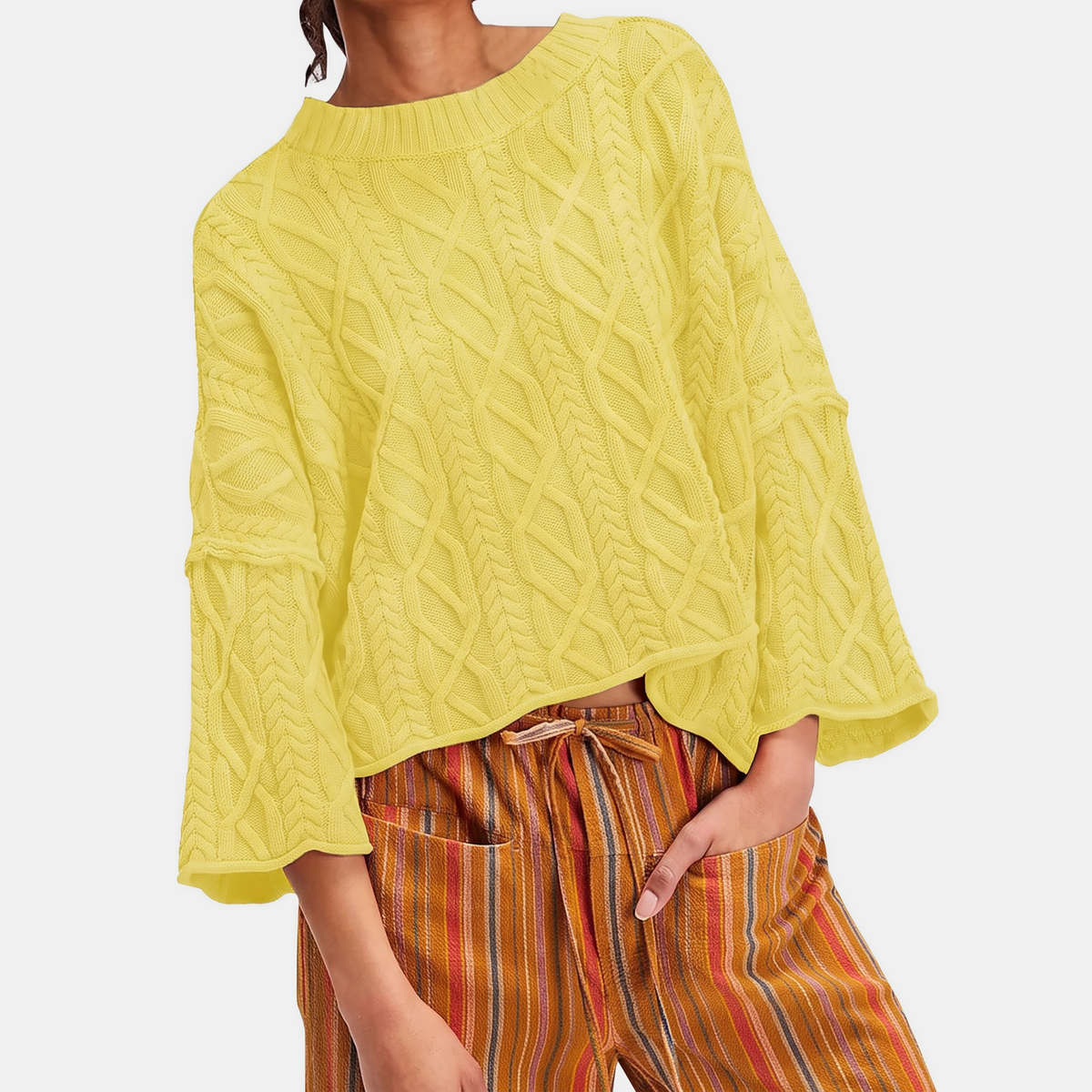 Women's Cable Knit Cropped Sweater Bell Flounce Cuff