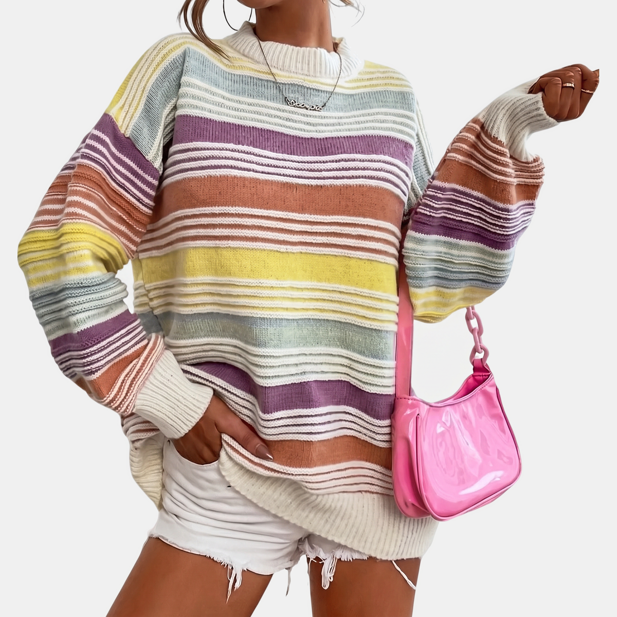 Women's Oversized Balloon Sleeve Striped Knit Sweater