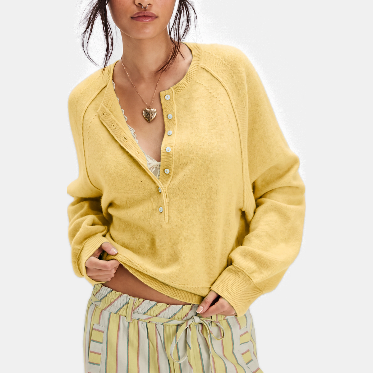 Women's Cropped Henley Button Placket Knit Sweater