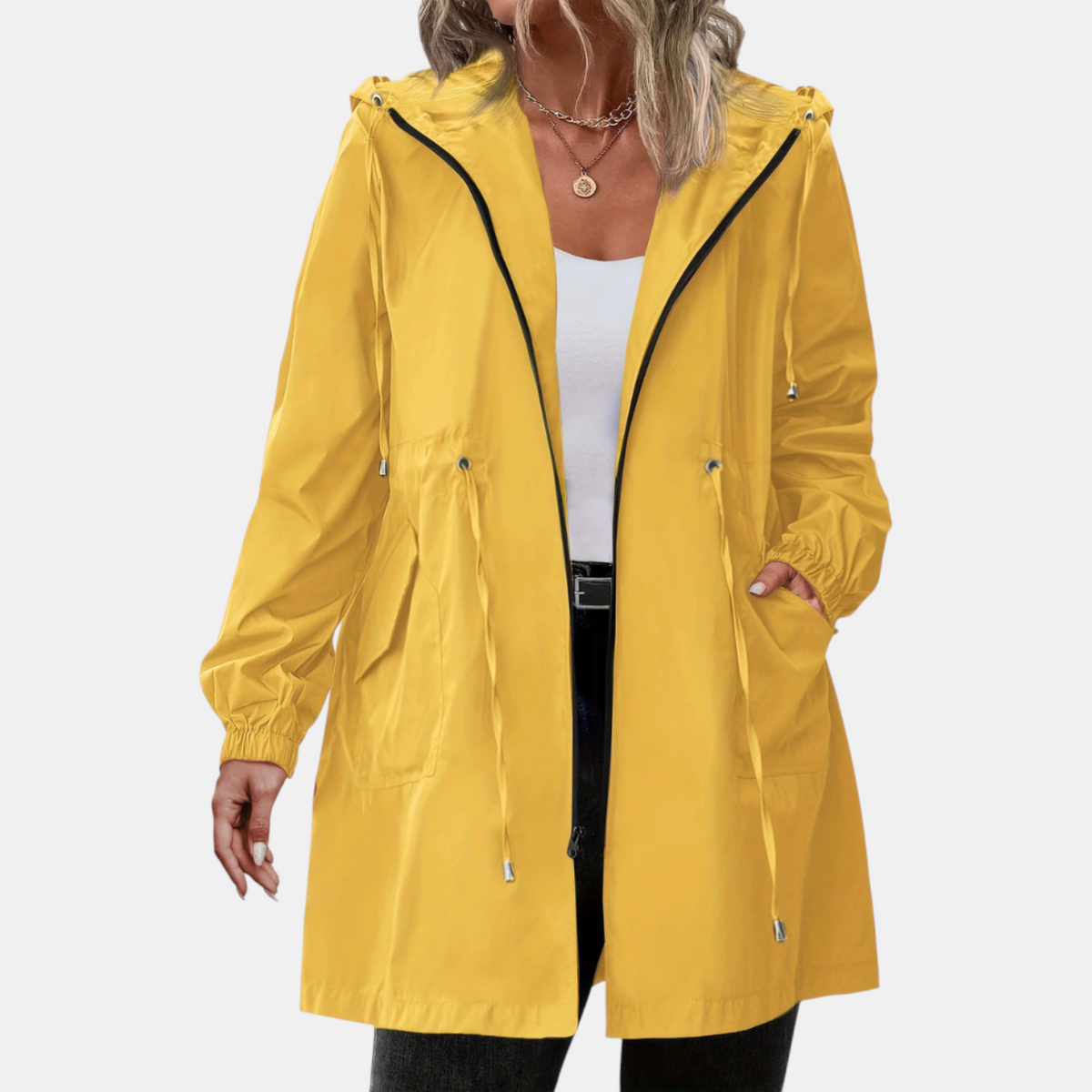Women's Windbreaker Drawstring Waist Hooded Longline Jacket